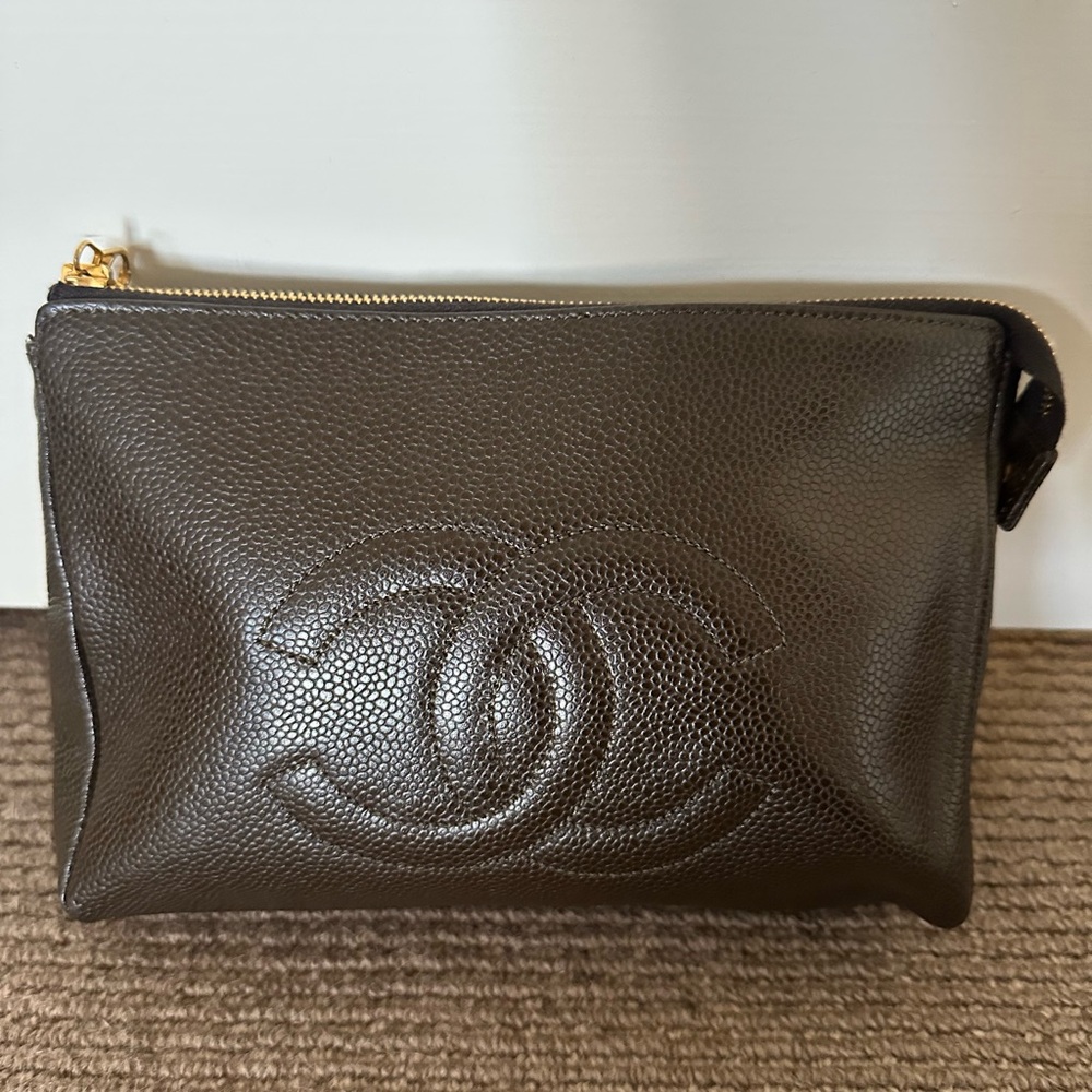 CHANEL Dark Brown Leather Pouch with Gold Accent